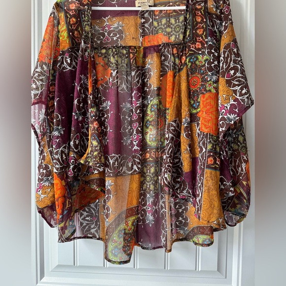 ONE WORLD Multicolor Kimono Boho Rave Festival Flowy Blouse Tunic Drape Sleeve L - Picture 4 of 13